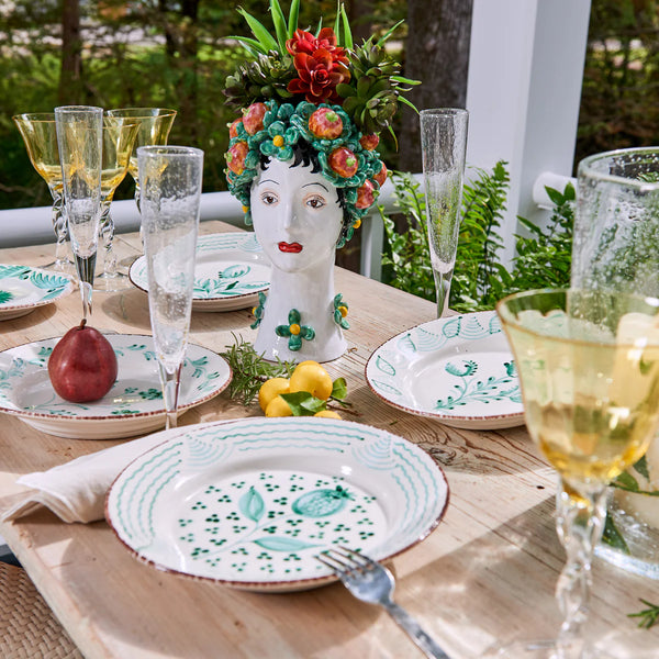 Green and White Dinner Plate, 3 Flowers/Vines
