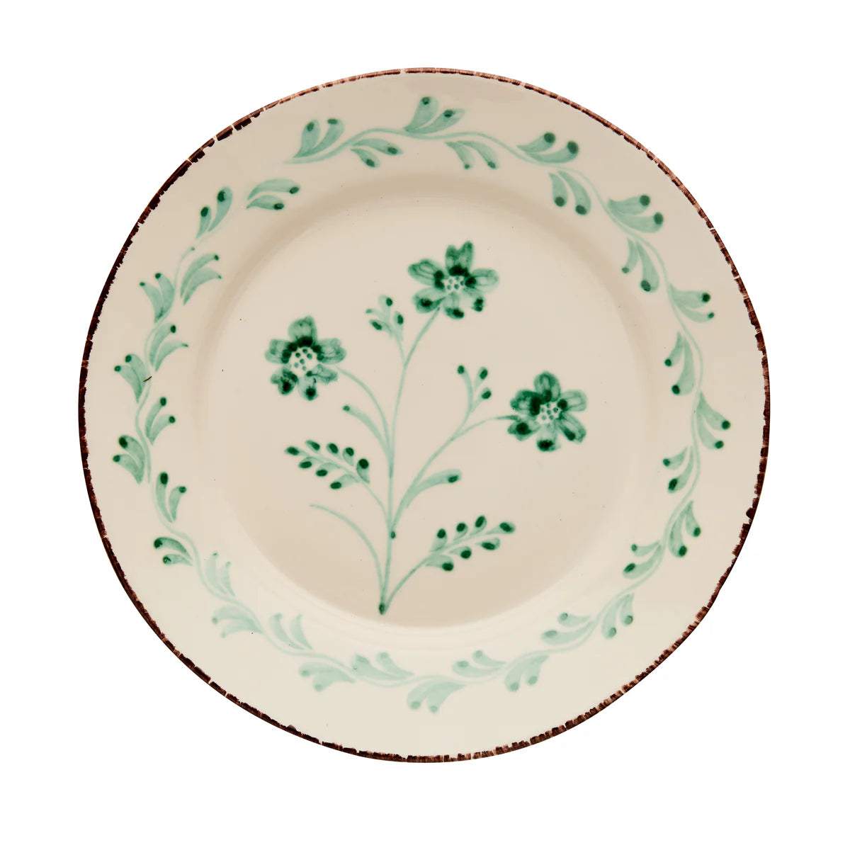Green and White Dinner Plate, 3 Flowers/Vines
