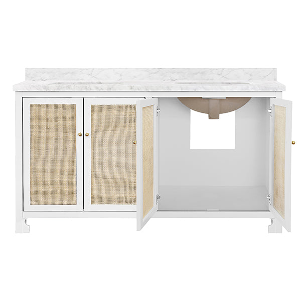 White Lacquer & Cane 60" Vanity