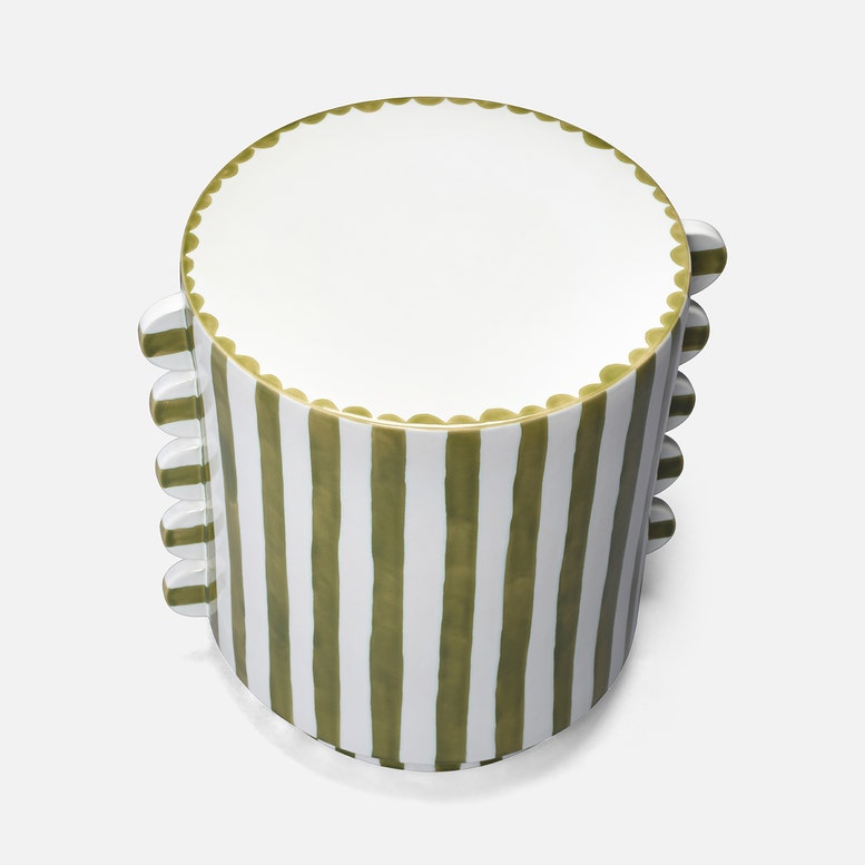 Olive & White Striped Ceramic Outdoor Stool