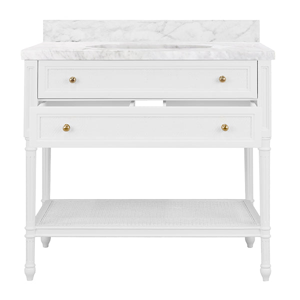 White Lacquer & Grasscloth Vanity